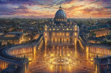 350 人の有名アーティストによるアート作品 Painting - バチカンの夕日 トーマス・キンケード